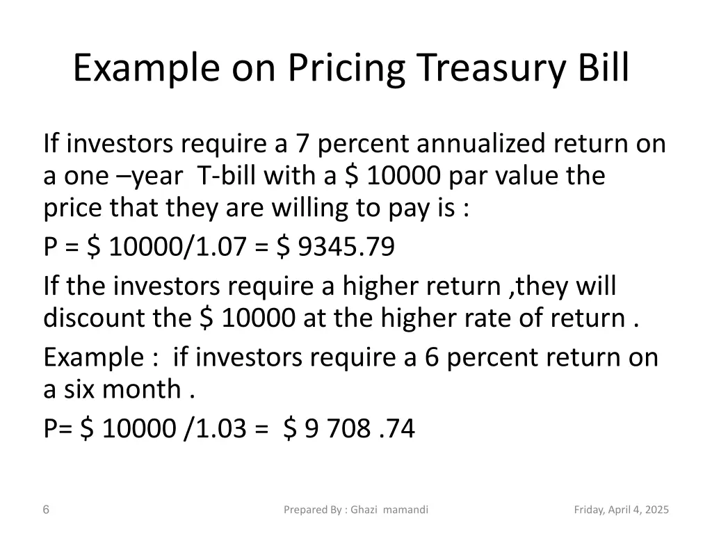example on pricing treasury bill