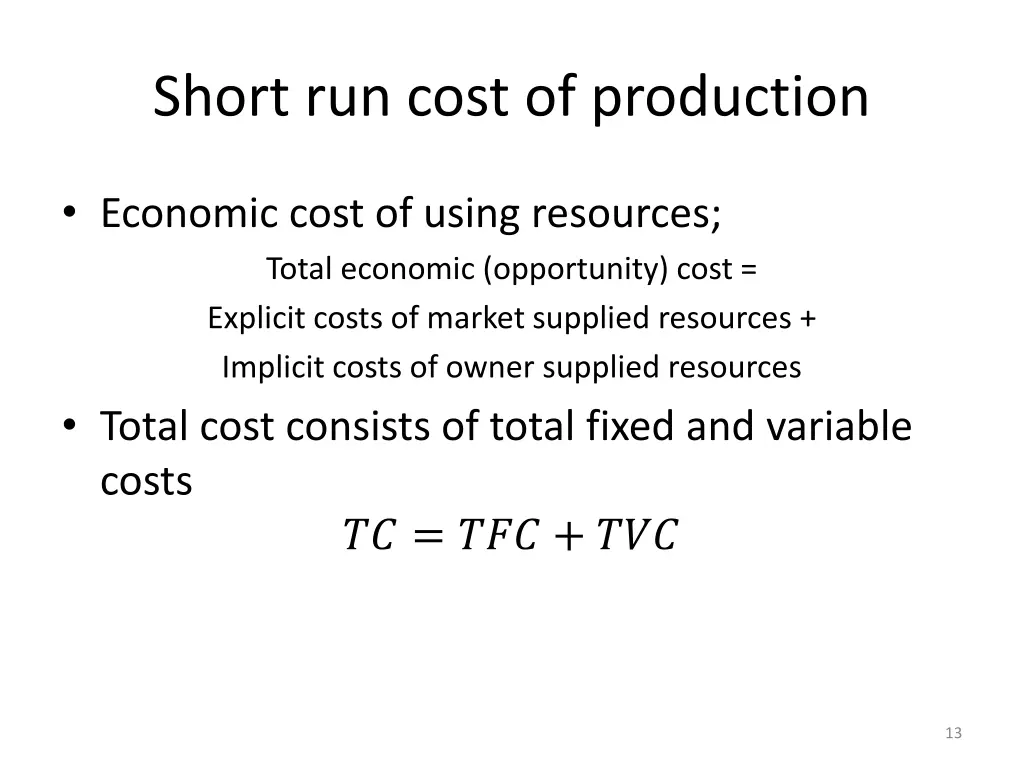 short run cost of production