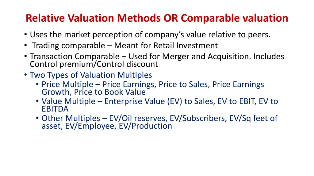 relative valuation methods or comparable
