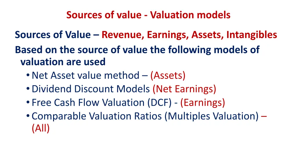 sources of value valuation models