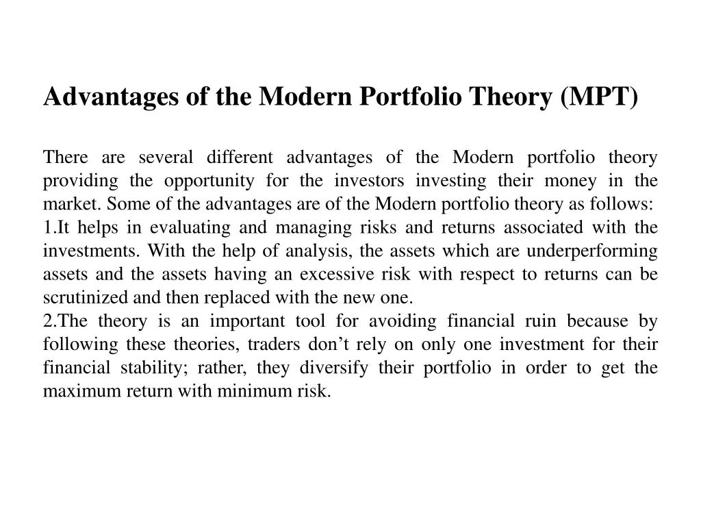 advantages of the modern portfolio theory mpt