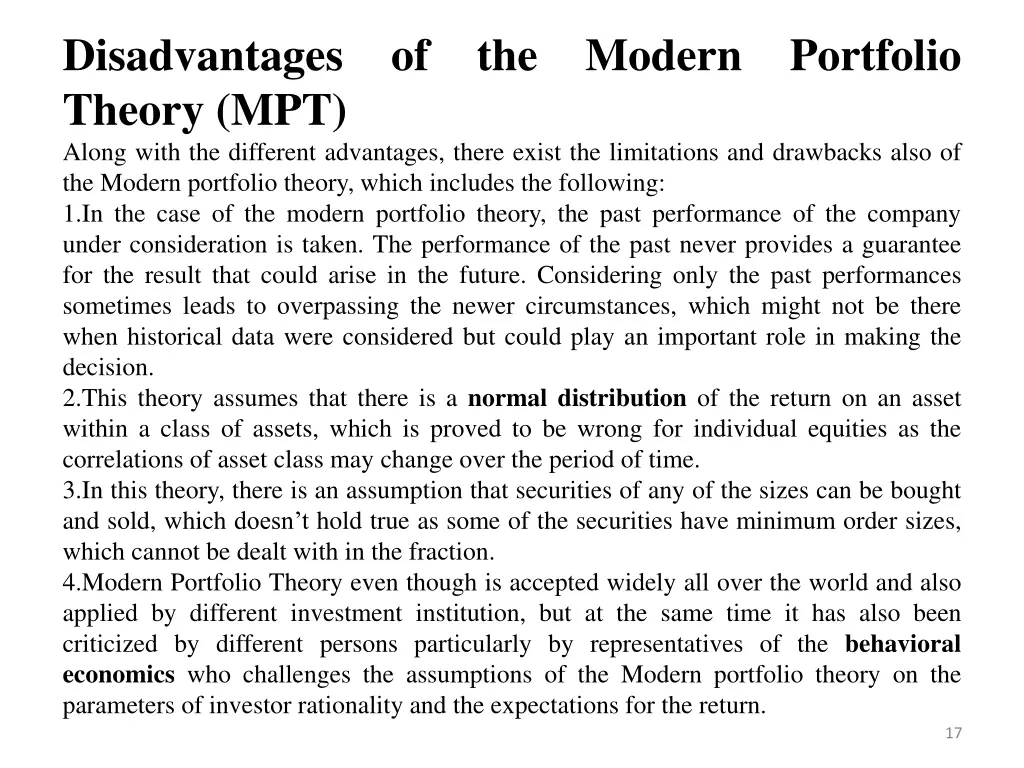 disadvantages of the modern portfolio theory