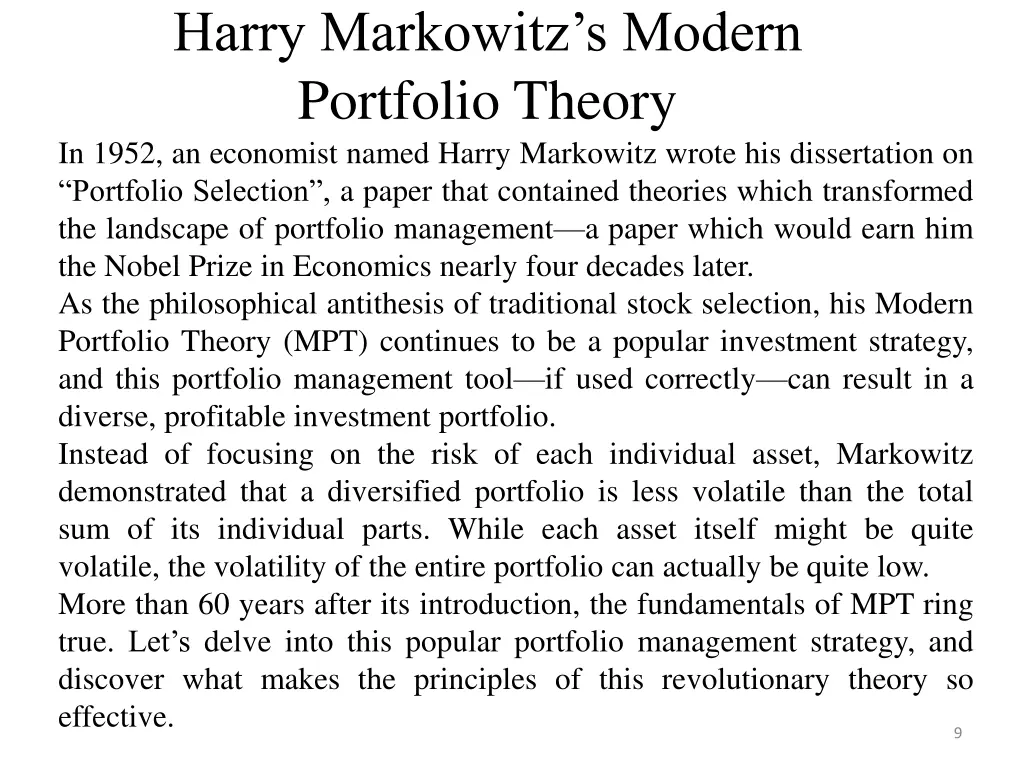 harry markowitz s modern portfolio theory in 1952