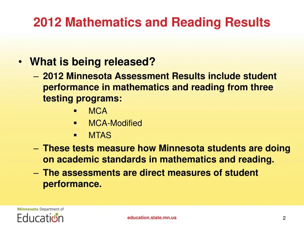 2012 mathematics and reading results