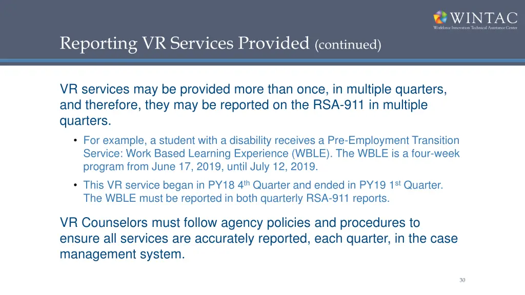 reporting vr services provided continued