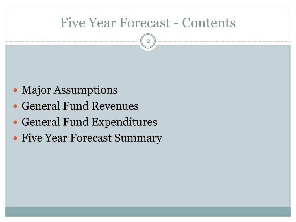 five year forecast contents