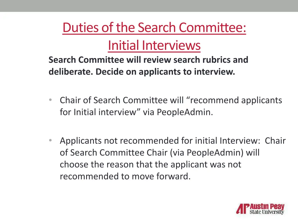 duties of the search committee initial interviews