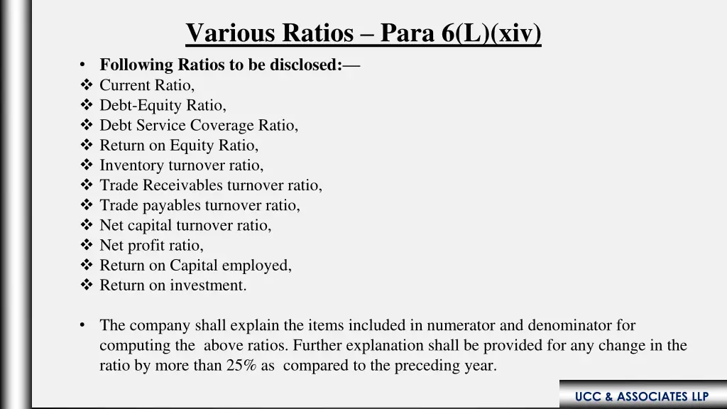 various ratios para 6 l xiv following ratios