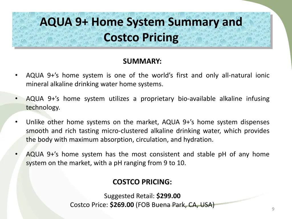 aqua 9 home system summary and costco pricing