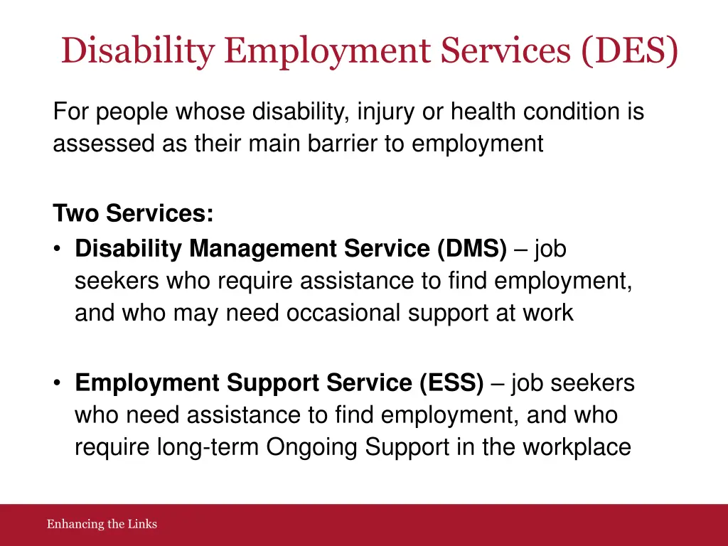 disability employment services des