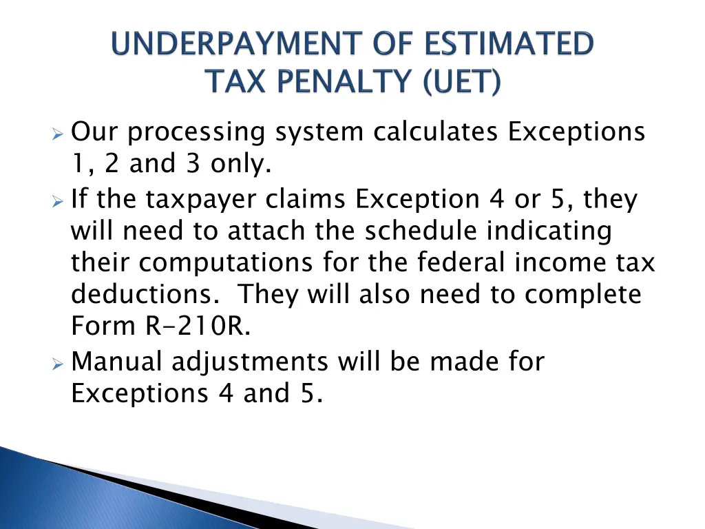 our processing system calculates exceptions
