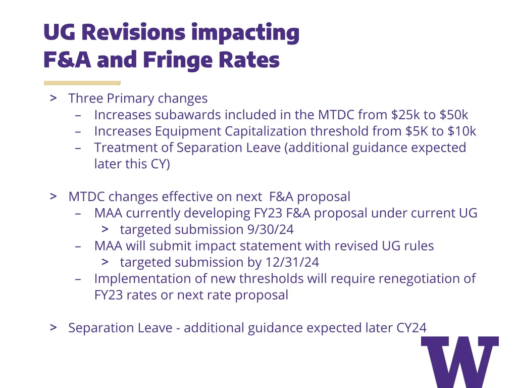 ug revisions impacting f a and fringe rates