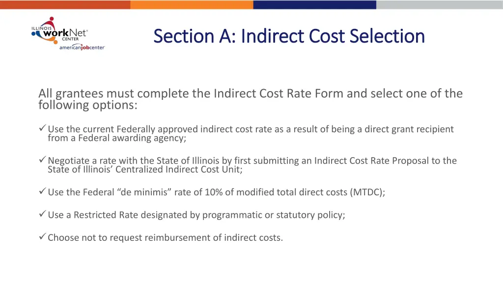 section a indirect cost selection section