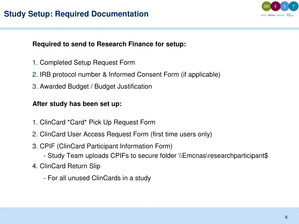 study setup required documentation