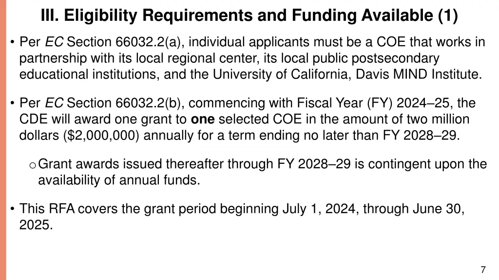 iii eligibility requirements and funding