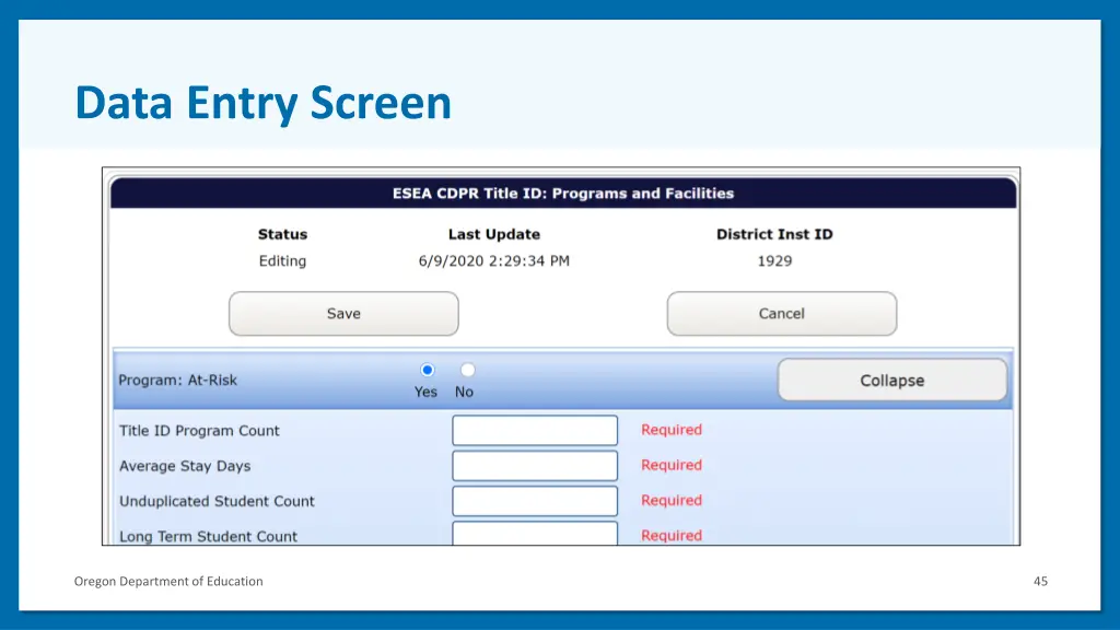data entry screen