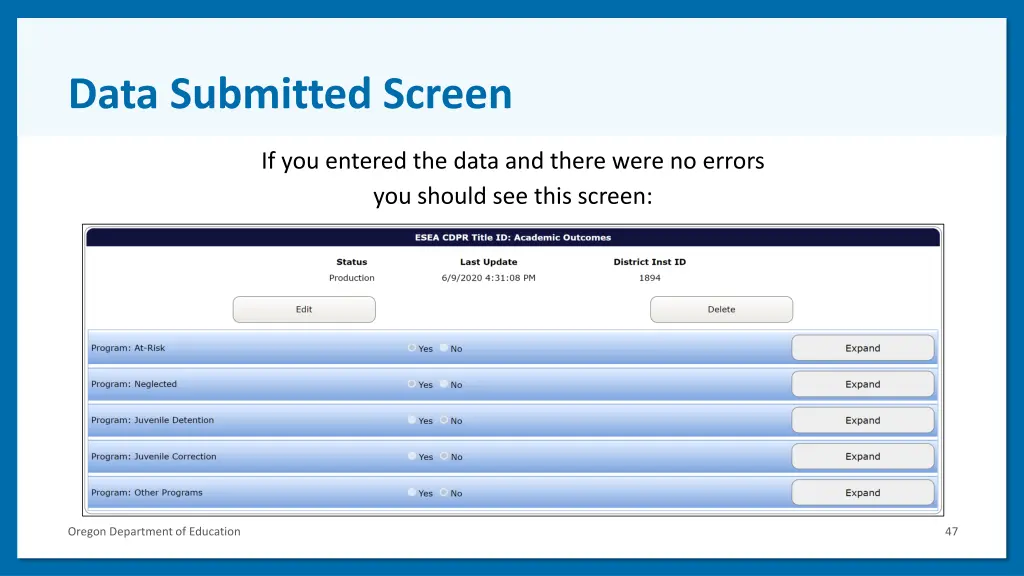 data submitted screen