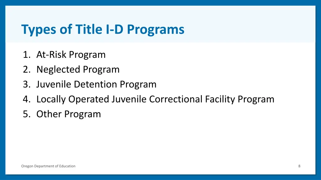 types of title i d programs