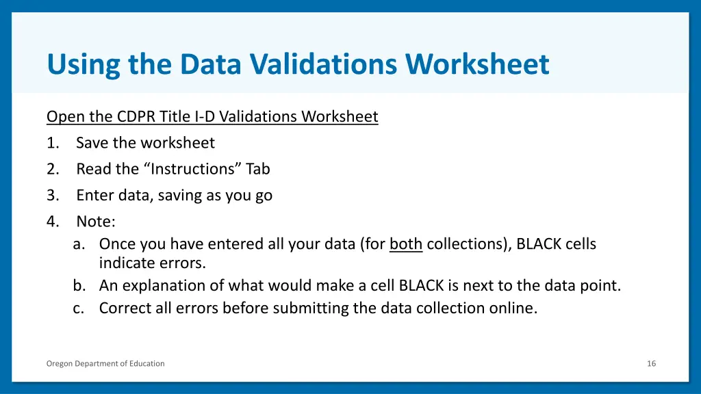 using the data validations worksheet