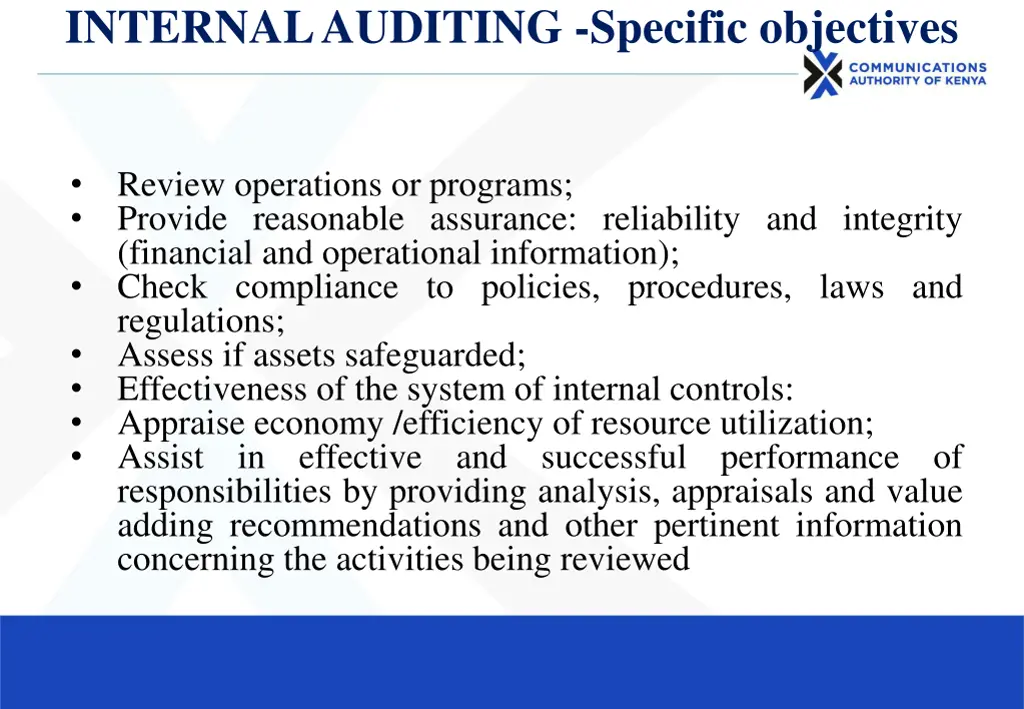 internal auditing specific objectives