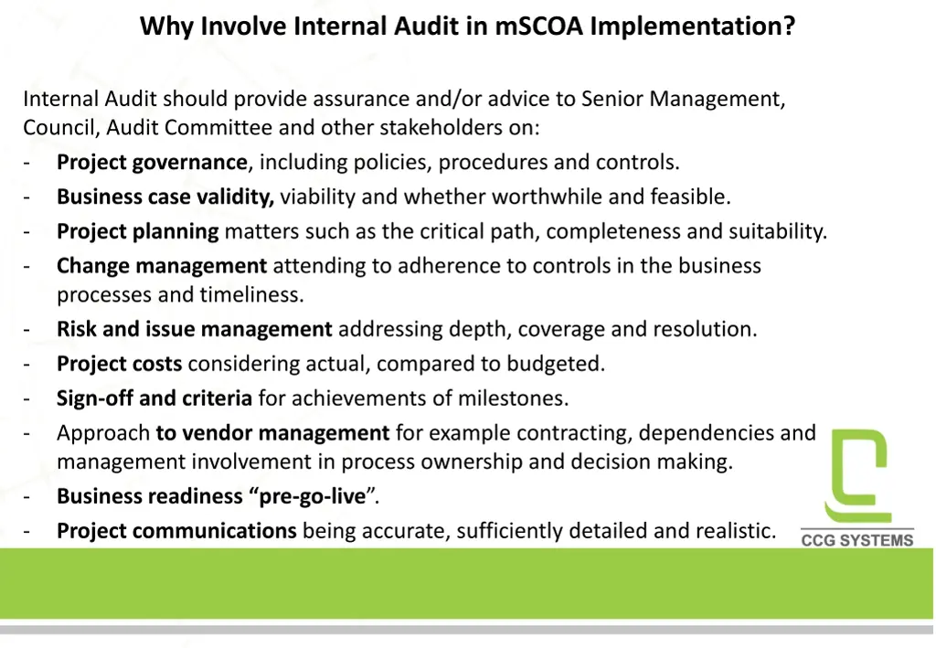 why involve internal audit in mscoa implementation 1