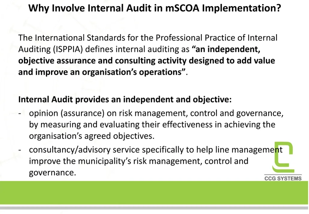 why involve internal audit in mscoa implementation