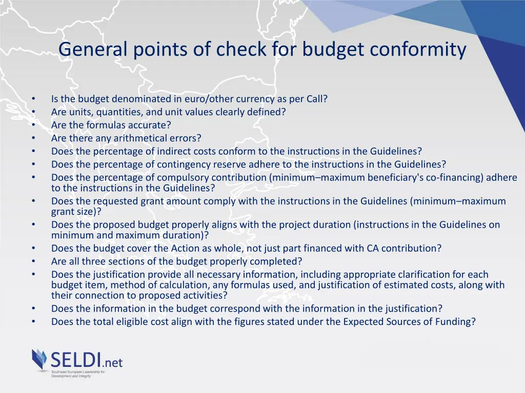 general points of check for budget conformity