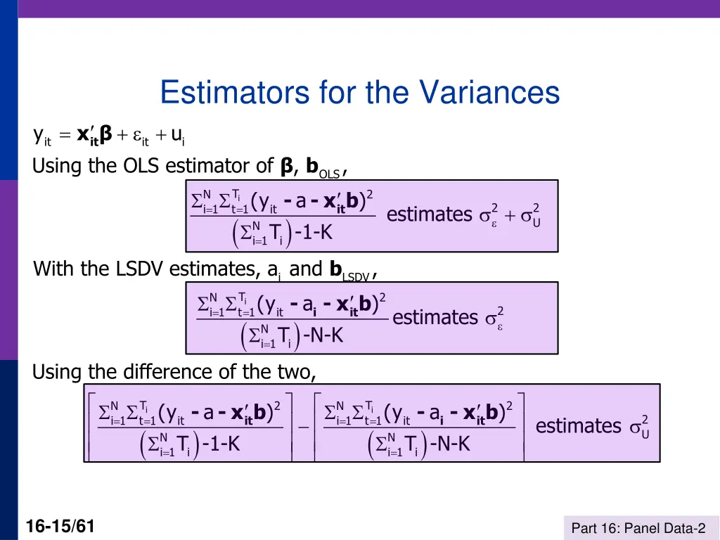 estimators for the variances it i u using