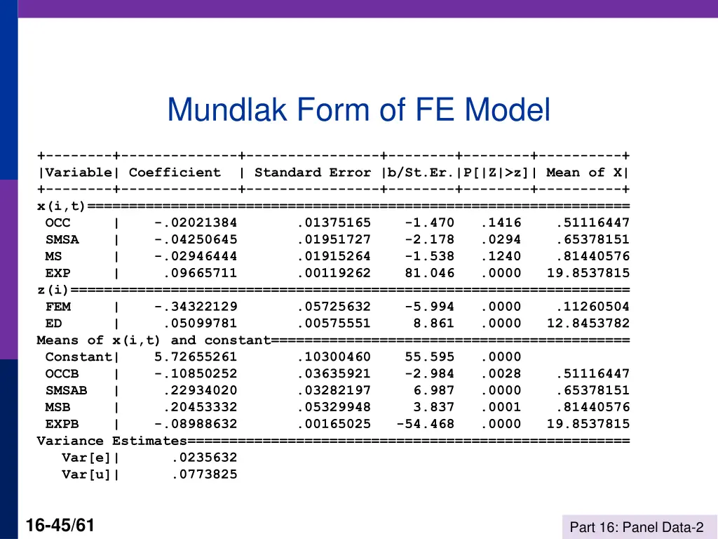 mundlak form of fe model