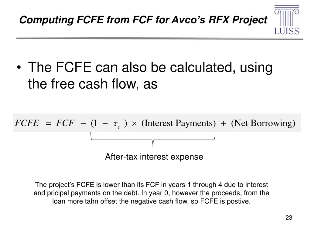 computing fcfe from fcf for avco s rfx project