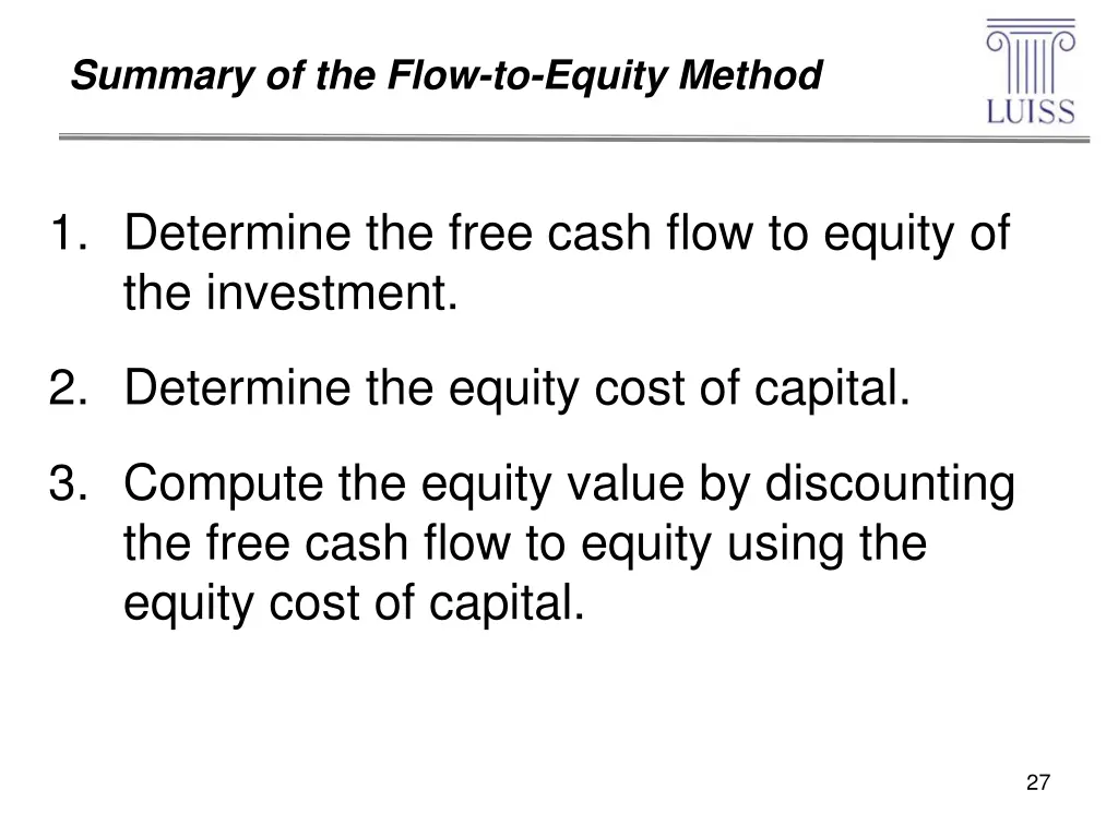 summary of the flow to equity method