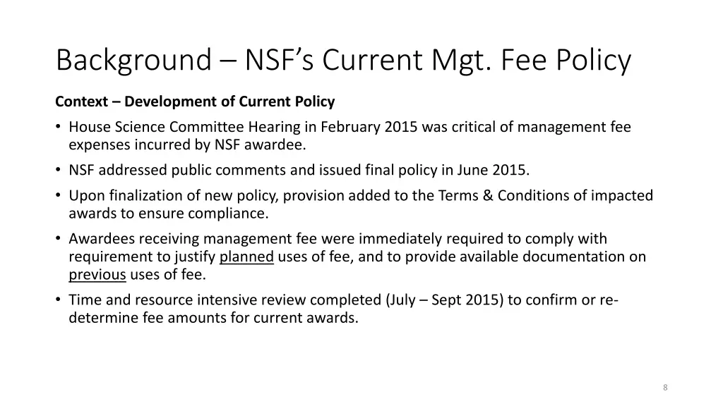 background nsf s current mgt fee policy 2