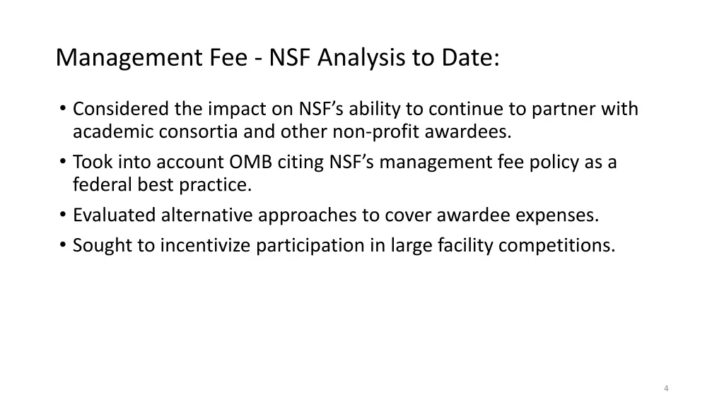 management fee nsf analysis to date
