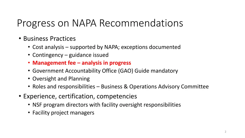 progress on napa recommendations