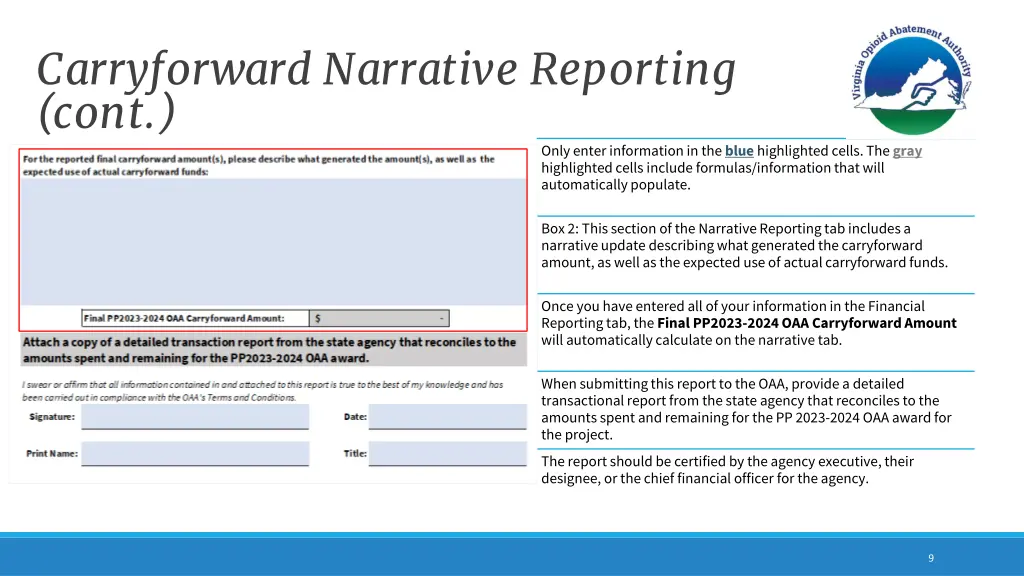 carryforward narrative reporting cont
