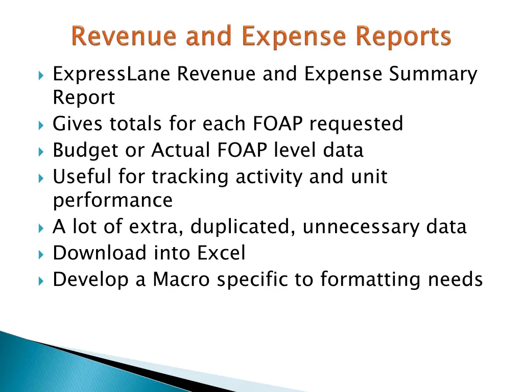 expresslane revenue and expense summary report