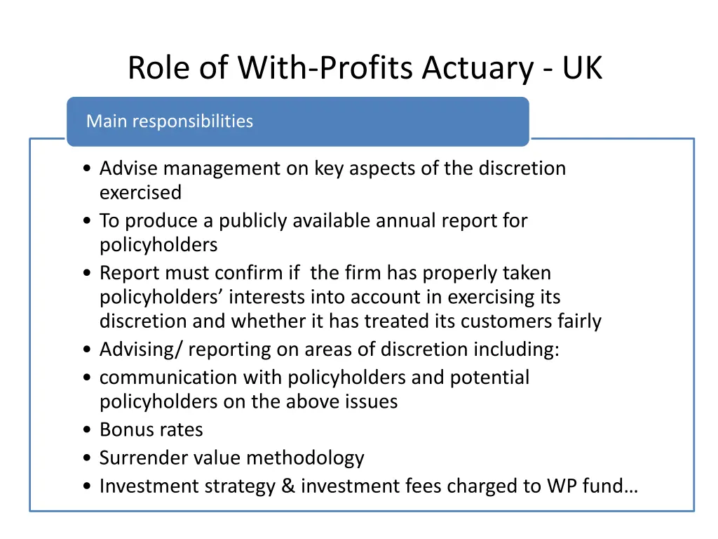 role of with profits actuary uk