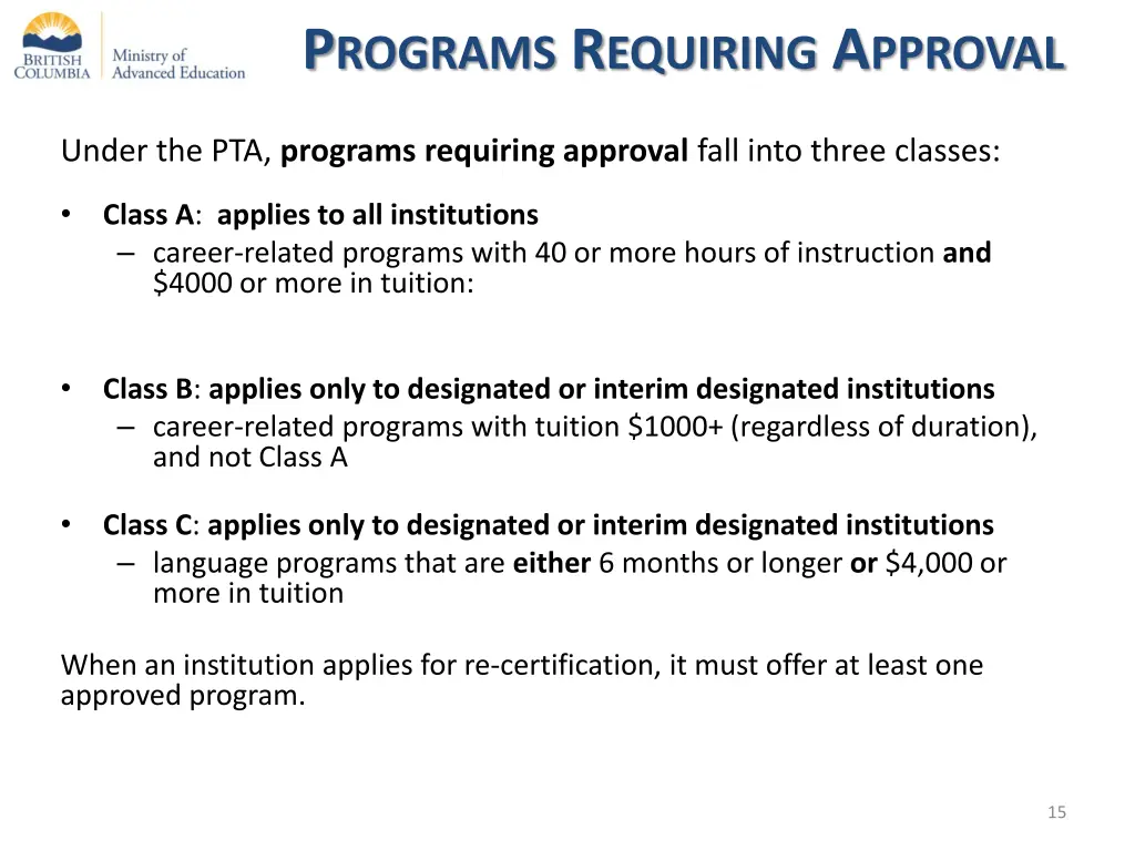 p rograms r equiring a pproval