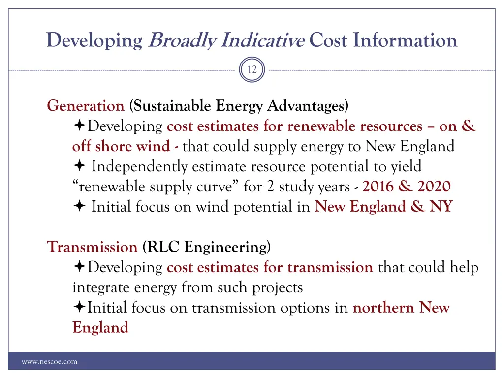 developing broadly indicative cost information