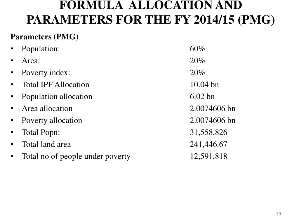 formula allocation and parameters for the fy 2014