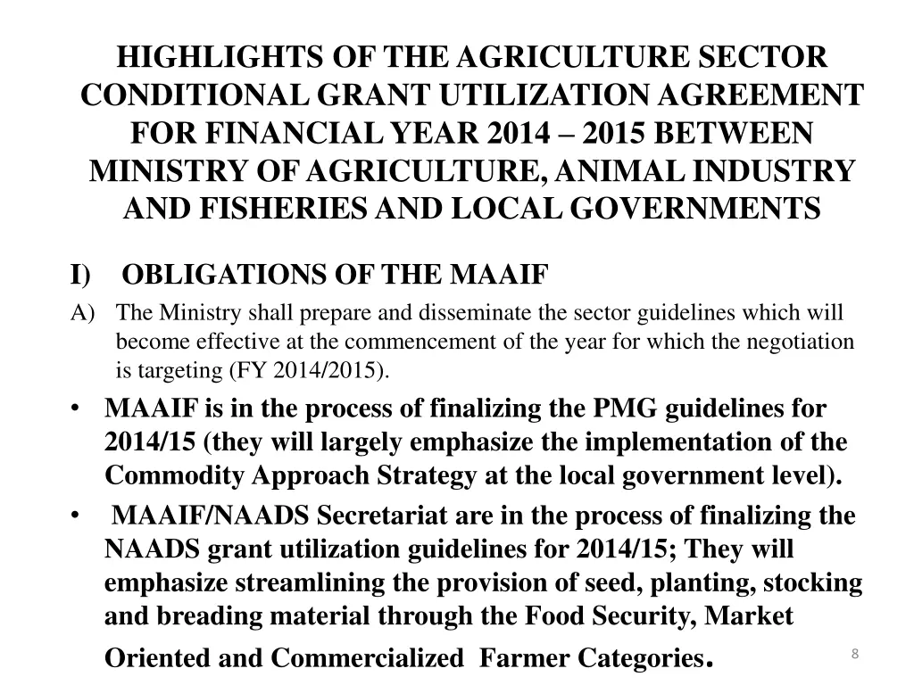 highlights of the agriculture sector conditional