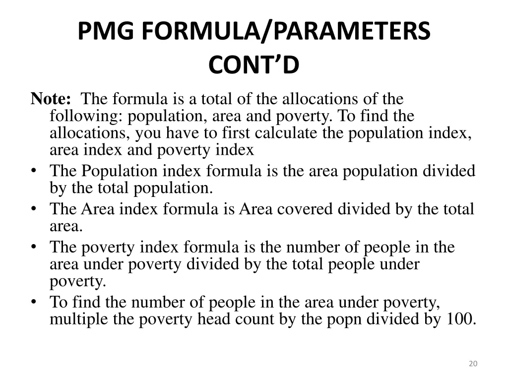 pmg formula parameters cont d note the formula
