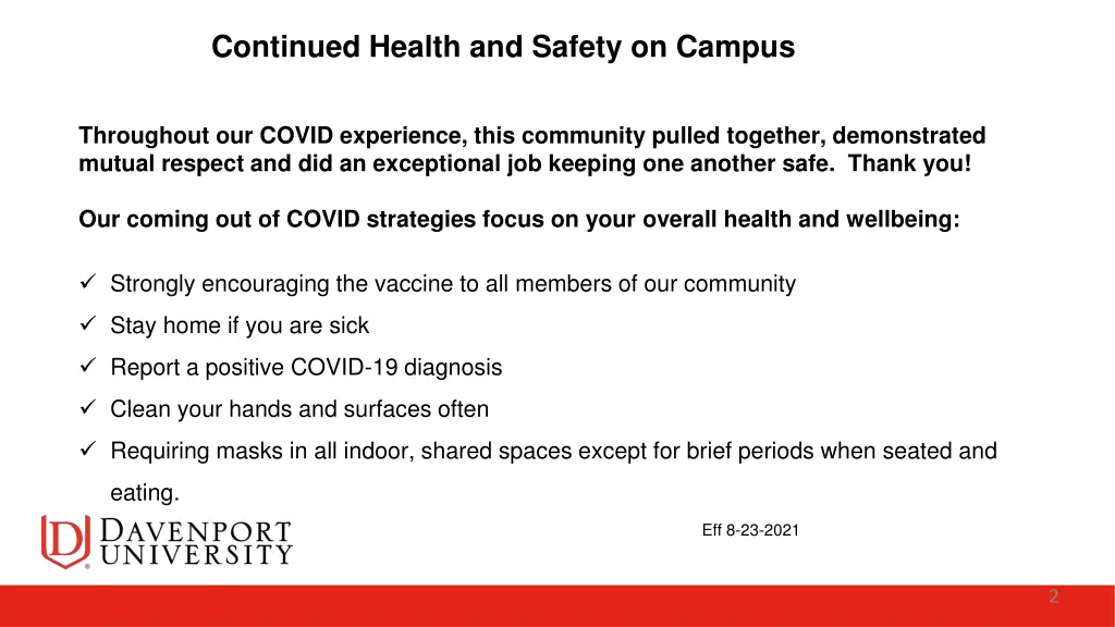continued health and safety on campus