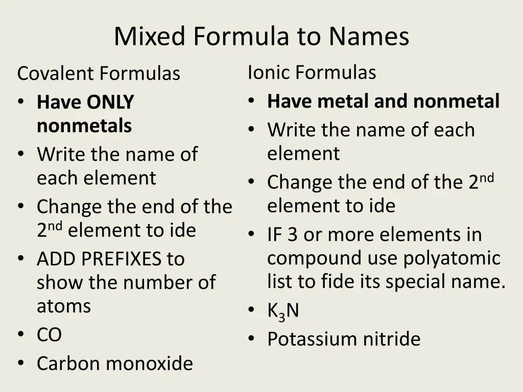 mixed formula to names ionic formulas have metal