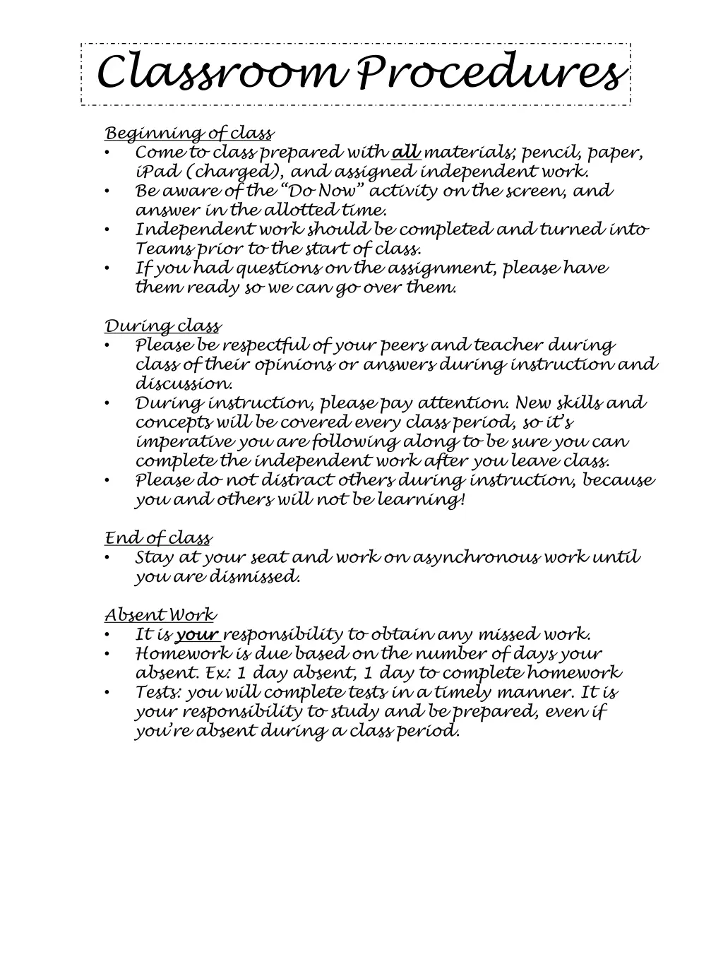 classroom procedures