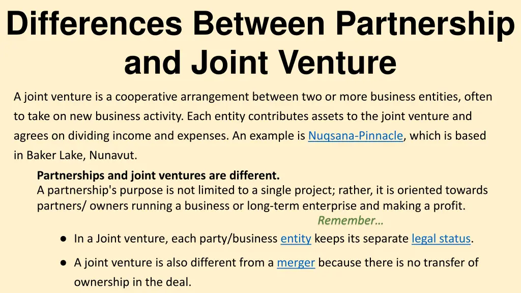 differences between partnership and joint venture