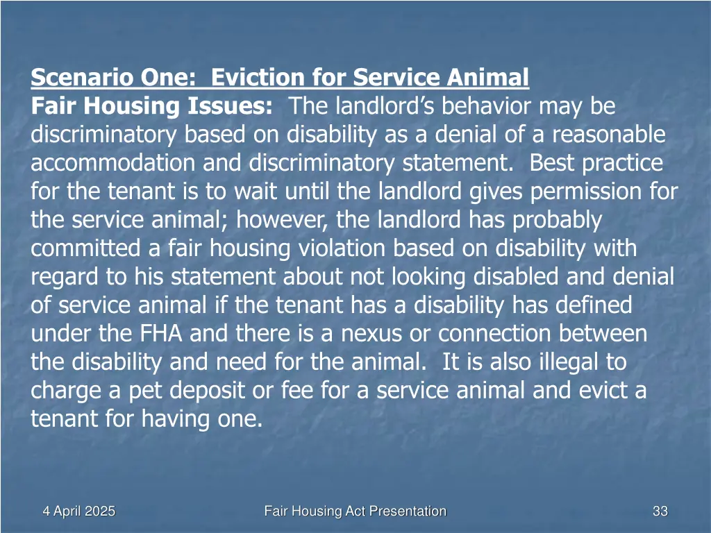 scenario one eviction for service animal fair