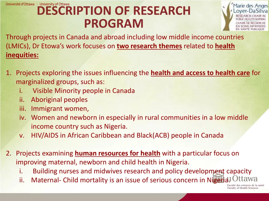 description of research program through projects