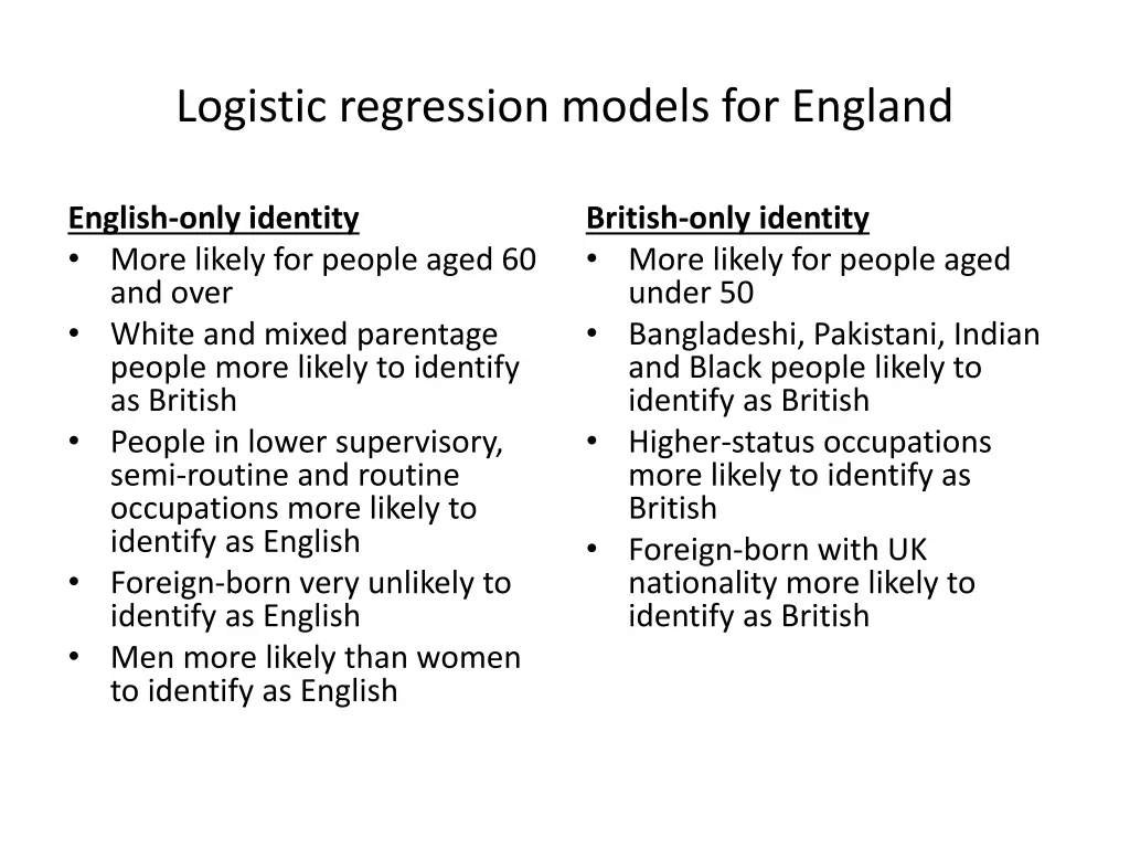 logistic regression models for england