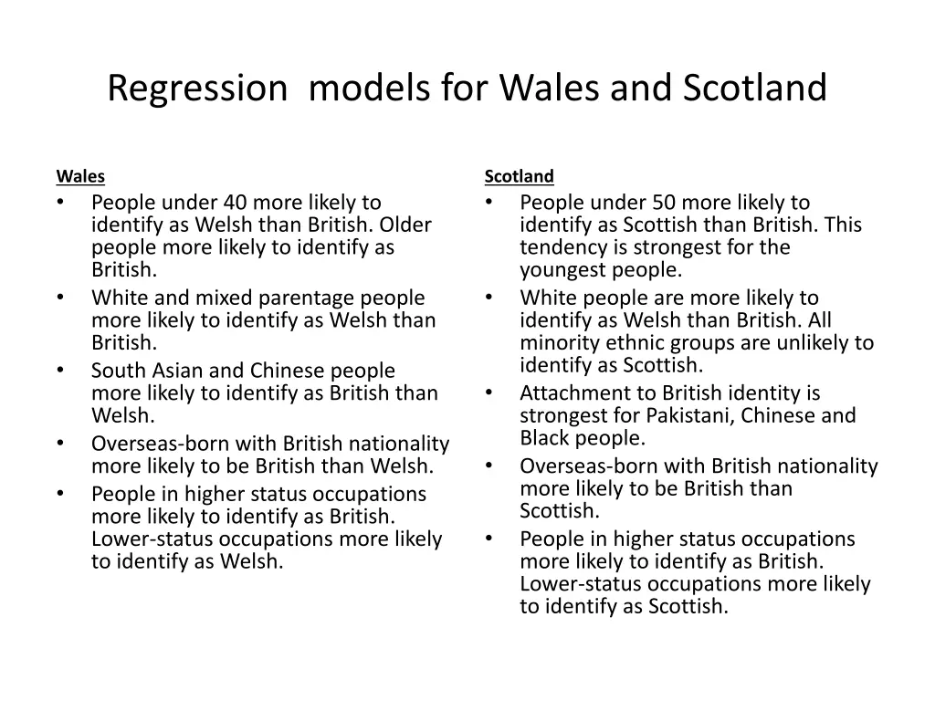 regression models for wales and scotland